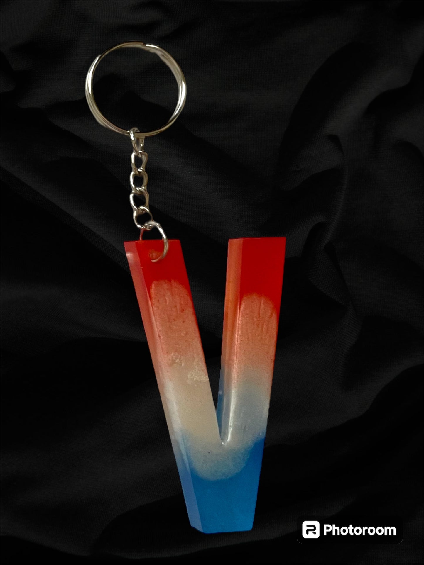 Resin / Epoxy Keychain Letter  - Hand poured and uniquely made. Size 2 1/2" x 1 1/2” Red, White & Blue Patriotic