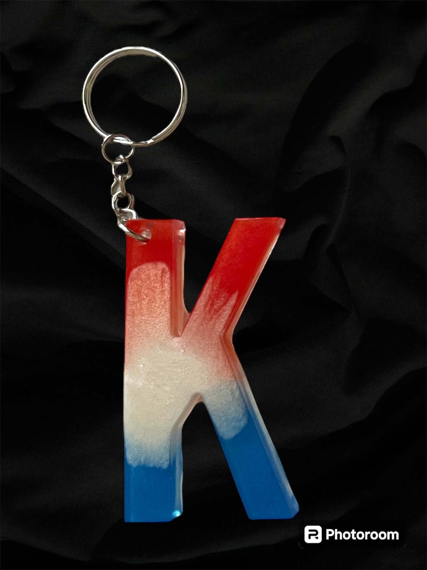 Resin / Epoxy Keychain Letter  - Hand poured and uniquely made. Size 2 1/2" x 1 1/2” Red, White & Blue Patriotic