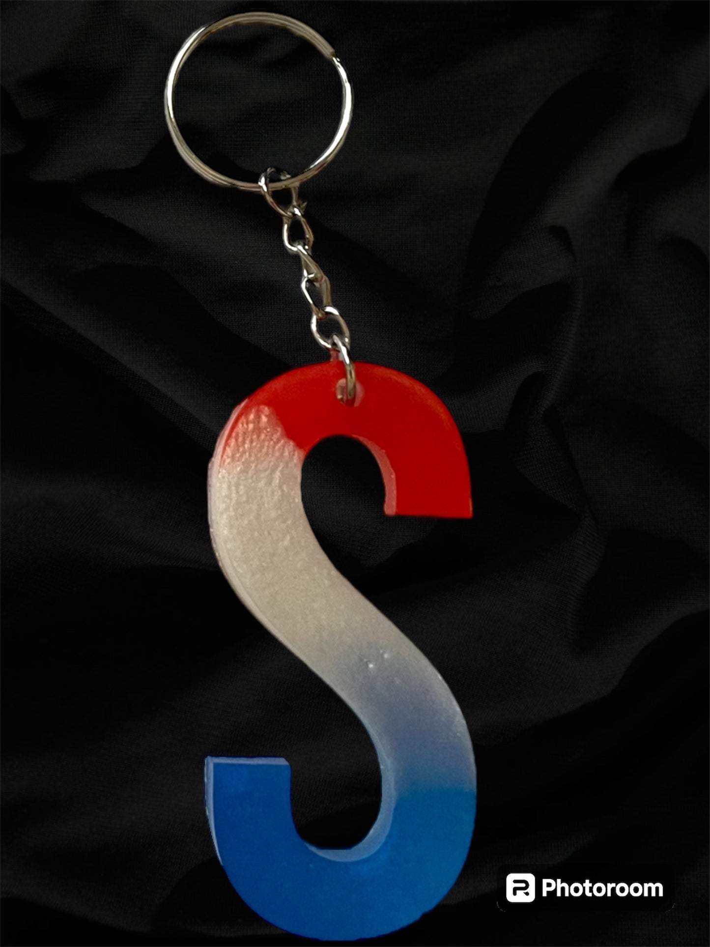 Resin / Epoxy Keychain Letter  - Hand poured and uniquely made. Size 2 1/2" x 1 1/2” Red, White & Blue Patriotic