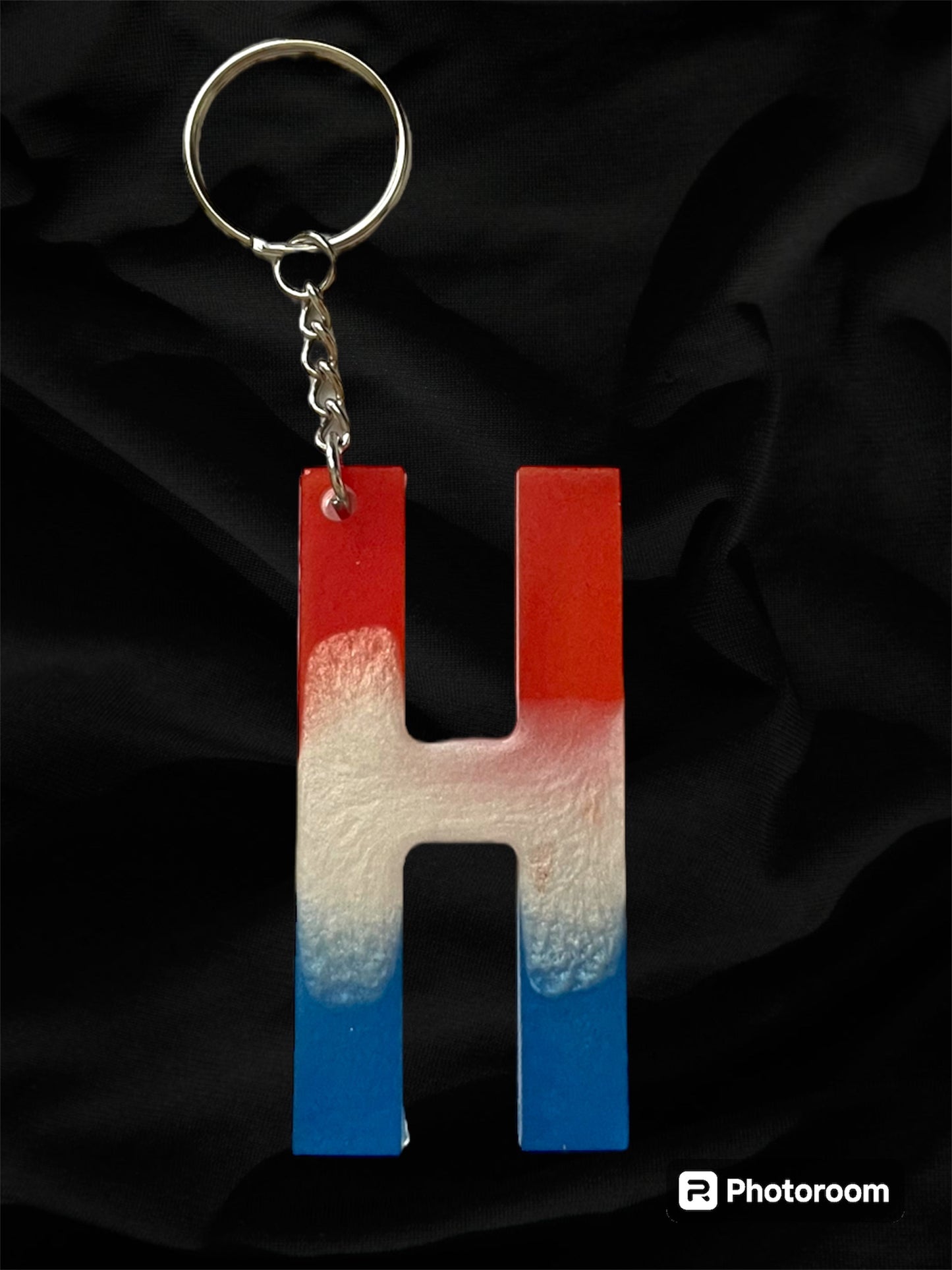 Resin / Epoxy Keychain Letter  - Hand poured and uniquely made. Size 2 1/2" x 1 1/2” Red, White & Blue Patriotic