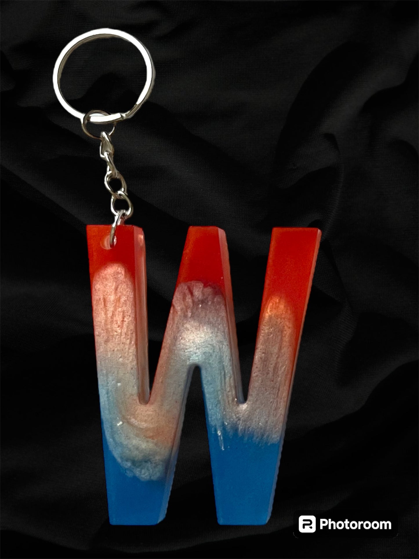 Resin / Epoxy Keychain Letter  - Hand poured and uniquely made. Size 2 1/2" x 1 1/2” Red, White & Blue Patriotic