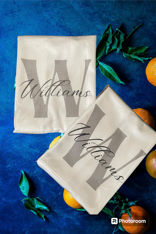 Personalized Hand Tea Towel - Monogram Letter and Name.