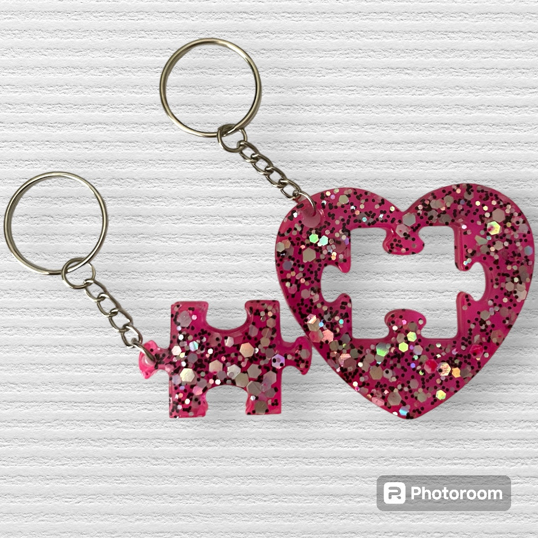 Resin / Epoxy keychain - Hand poured Puzzle piece inside heart design