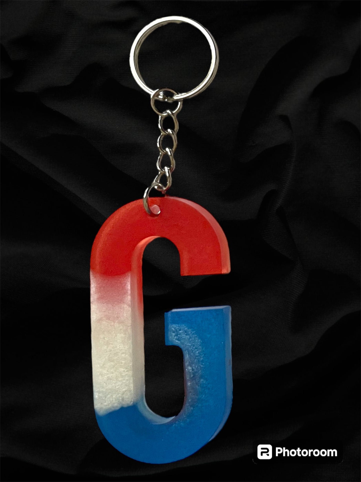 Resin / Epoxy Keychain Letter  - Hand poured and uniquely made. Size 2 1/2" x 1 1/2” Red, White & Blue Patriotic