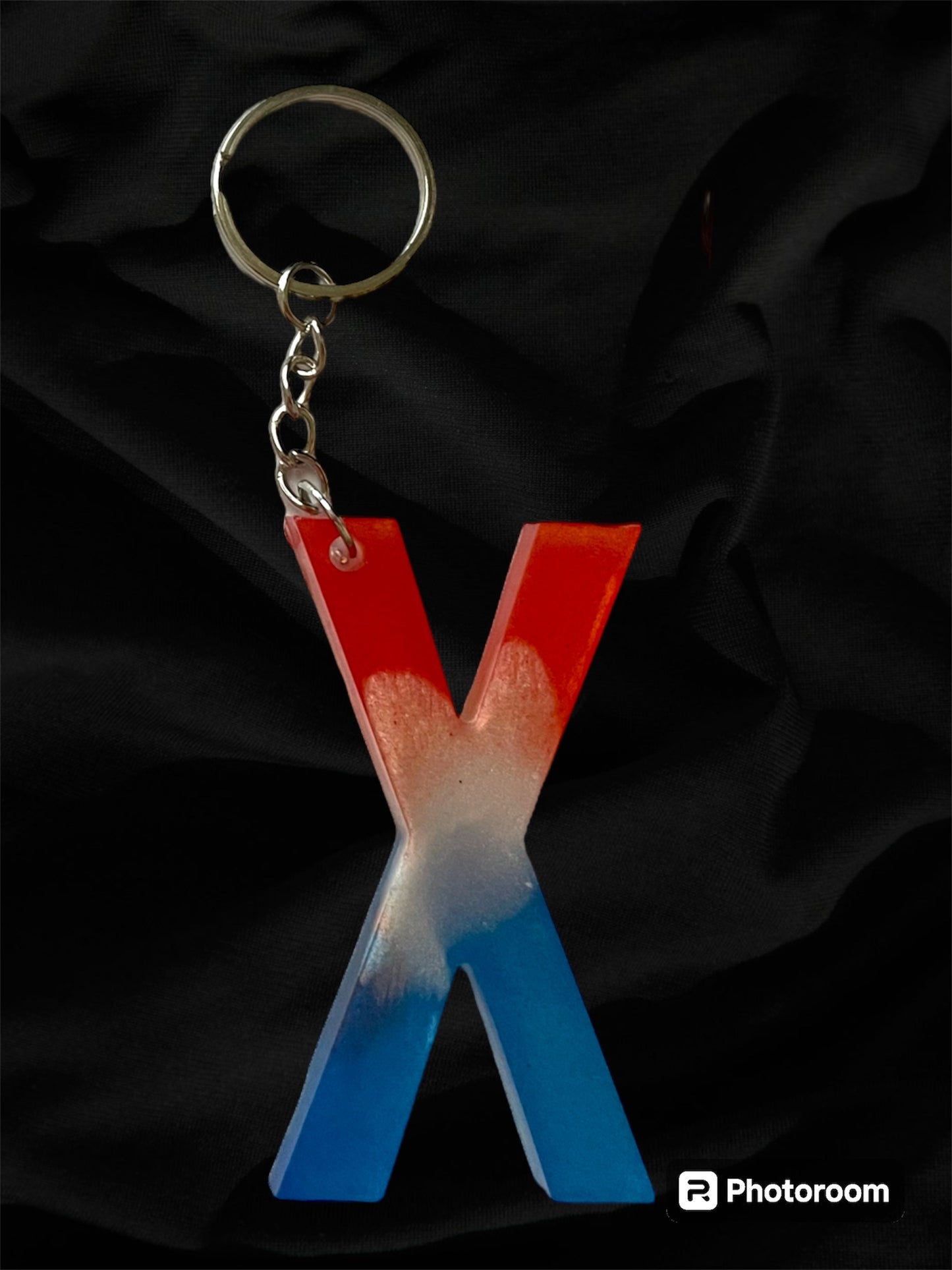 Resin / Epoxy Keychain Letter  - Hand poured and uniquely made. Size 2 1/2" x 1 1/2” Red, White & Blue Patriotic