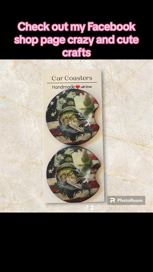 Set of Car Coasters - soft absorbent material. Fits most cup holders. Fish and USA flag