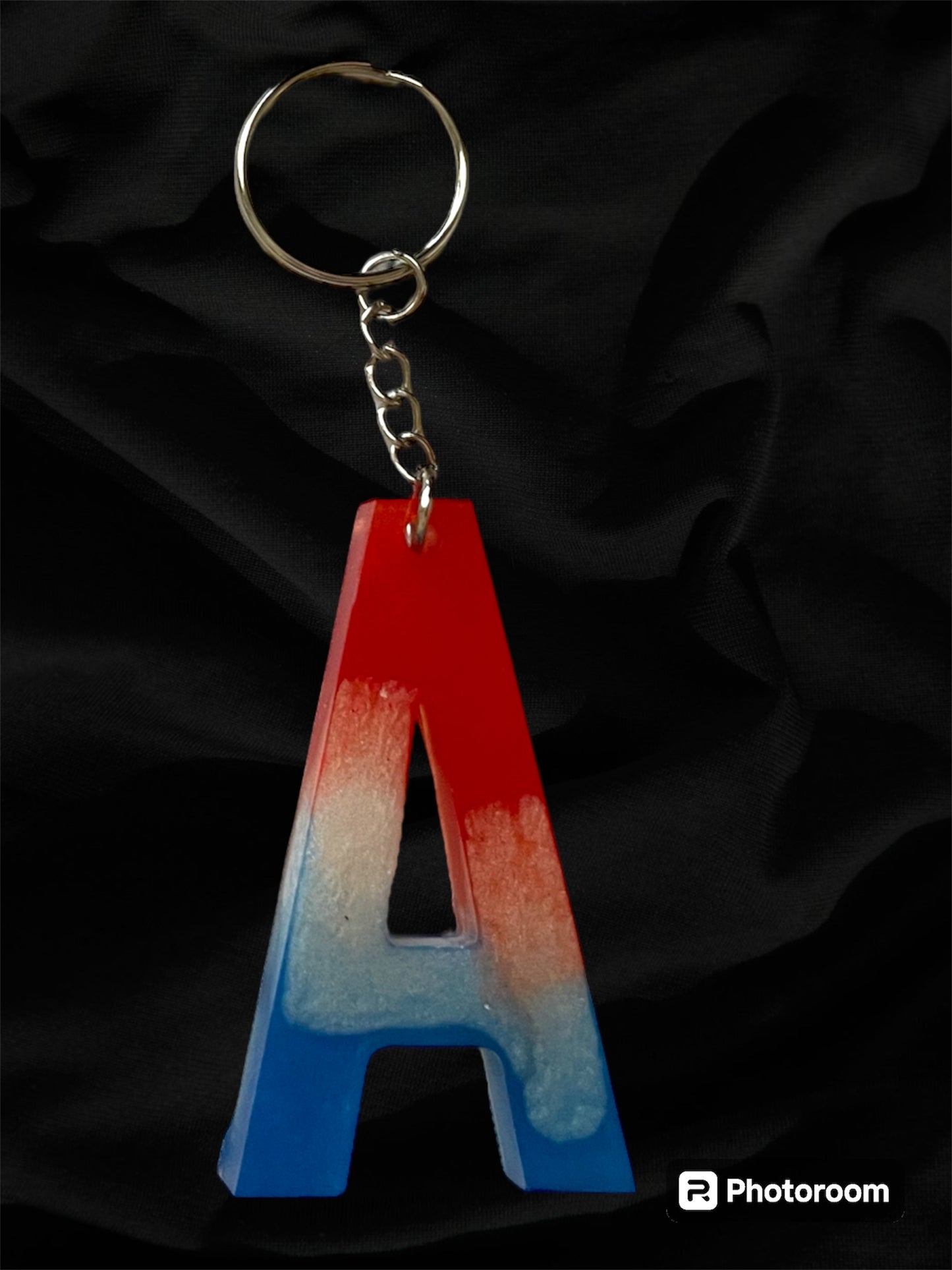 Resin / Epoxy Keychain Letter  - Hand poured and uniquely made. Size 2 1/2" x 1 1/2” Red, White & Blue Patriotic