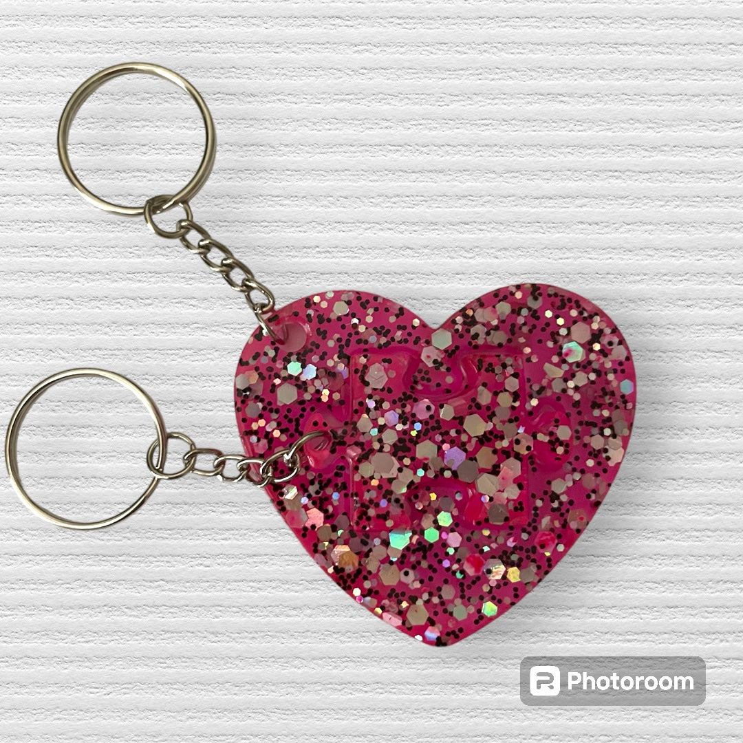 Resin / Epoxy keychain - Hand poured Puzzle piece inside heart design