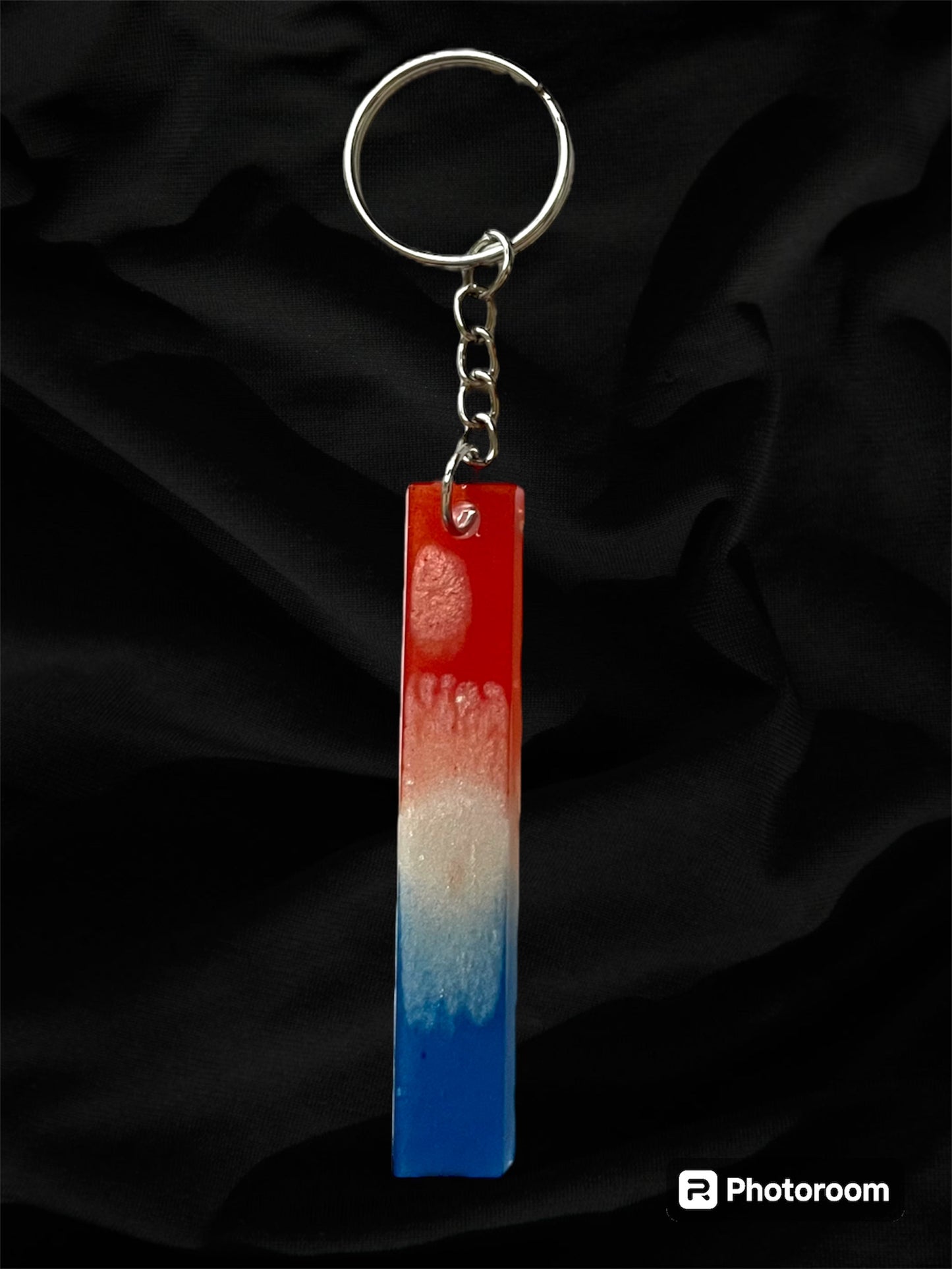 Resin / Epoxy Keychain Letter  - Hand poured and uniquely made. Size 2 1/2" x 1 1/2” Red, White & Blue Patriotic