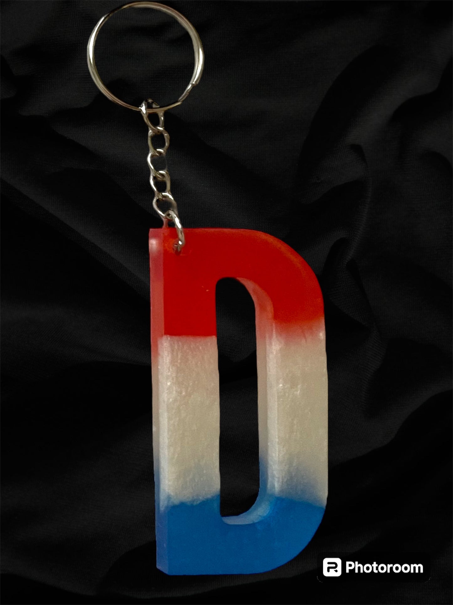 Resin / Epoxy Keychain Letter  - Hand poured and uniquely made. Size 2 1/2" x 1 1/2” Red, White & Blue Patriotic