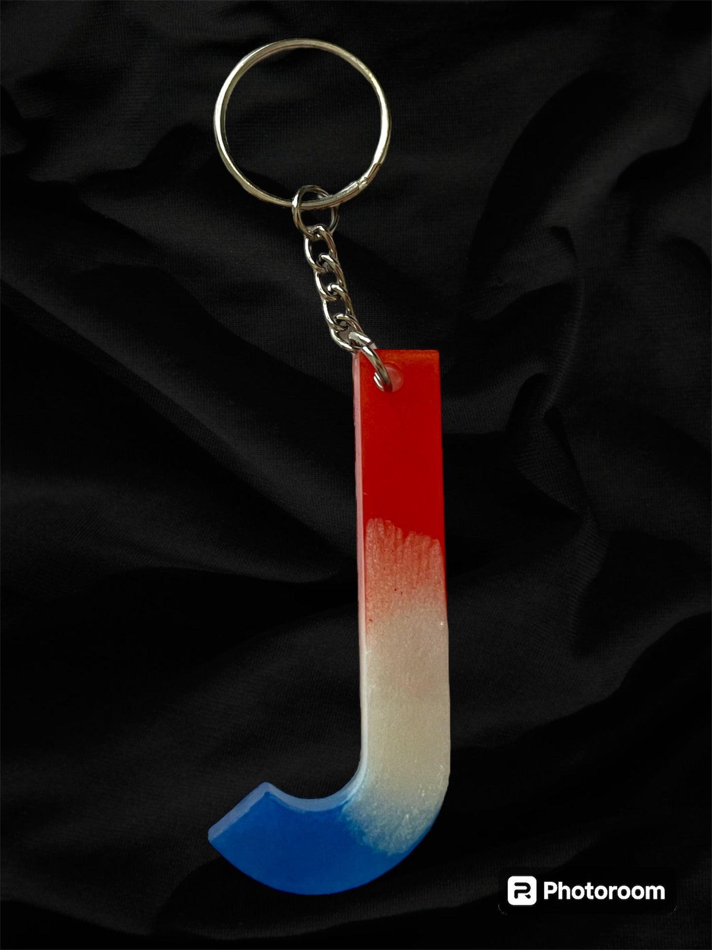 Resin / Epoxy Keychain Letter  - Hand poured and uniquely made. Size 2 1/2" x 1 1/2” Red, White & Blue Patriotic