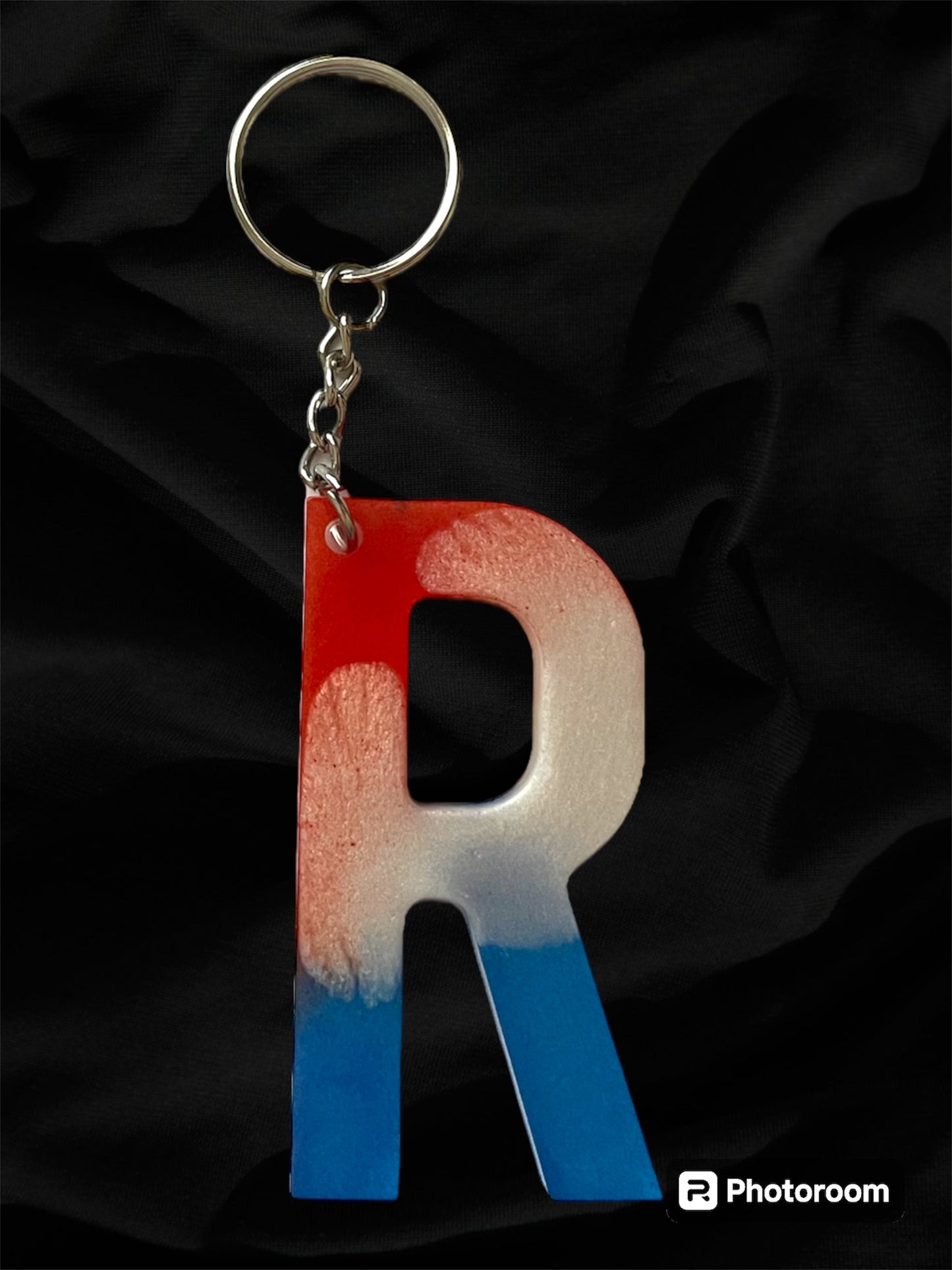 Resin / Epoxy Keychain Letter  - Hand poured and uniquely made. Size 2 1/2" x 1 1/2” Red, White & Blue Patriotic