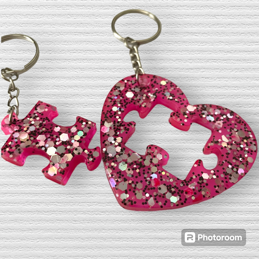 Resin / Epoxy keychain - Hand poured Puzzle piece inside heart design