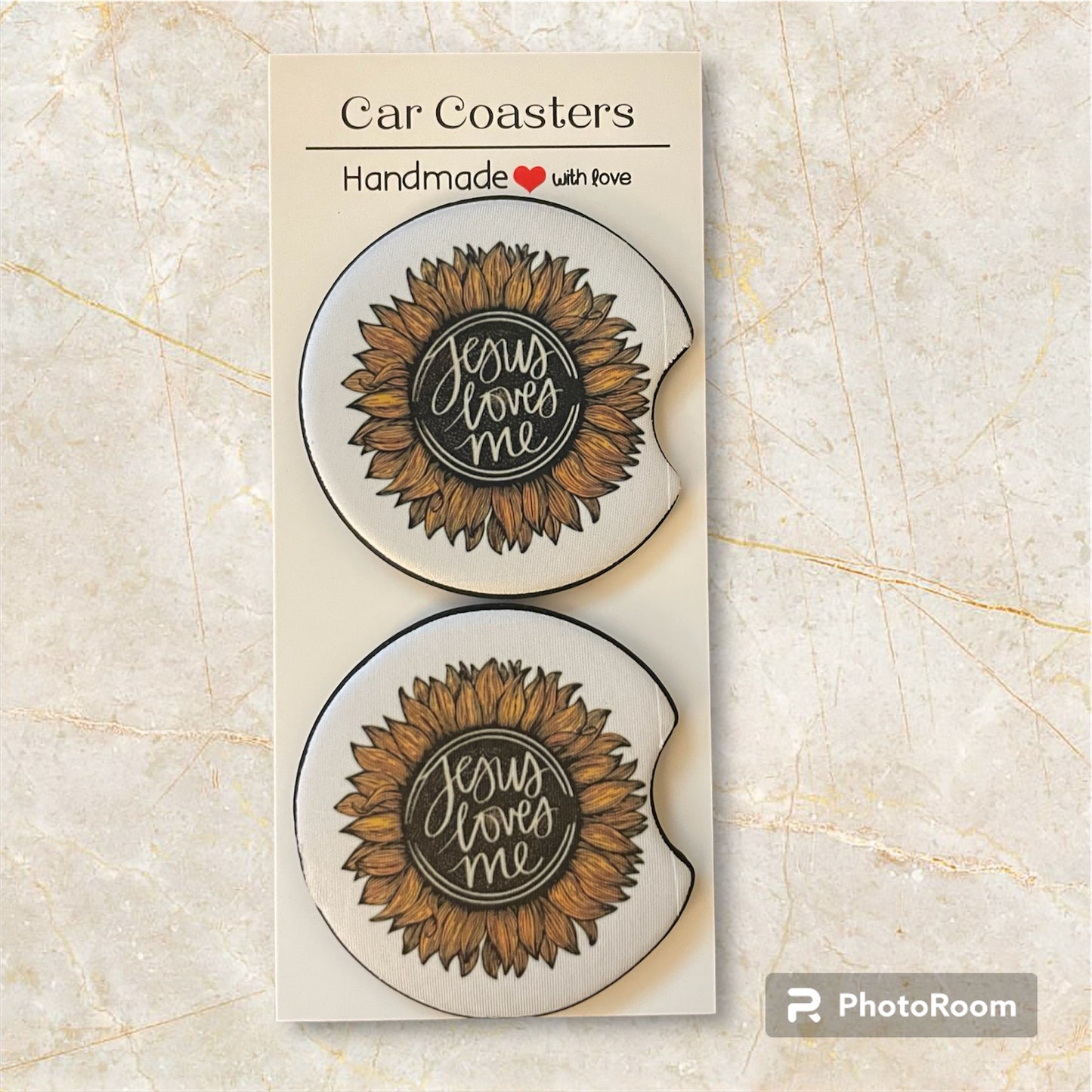 Set of Car Coasters - soft absorbent material. Fits most cup holders. Jesus Loves Me