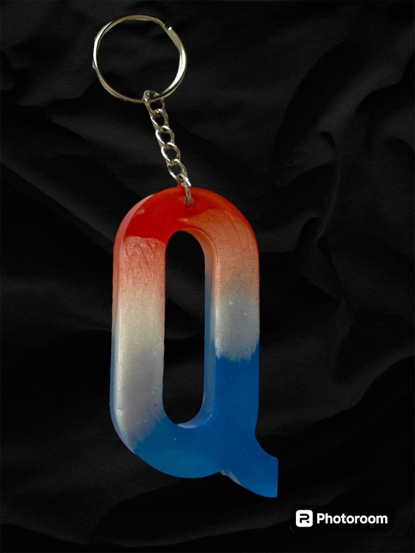 Resin / Epoxy Keychain Letter  - Hand poured and uniquely made. Size 2 1/2" x 1 1/2” Red, White & Blue Patriotic