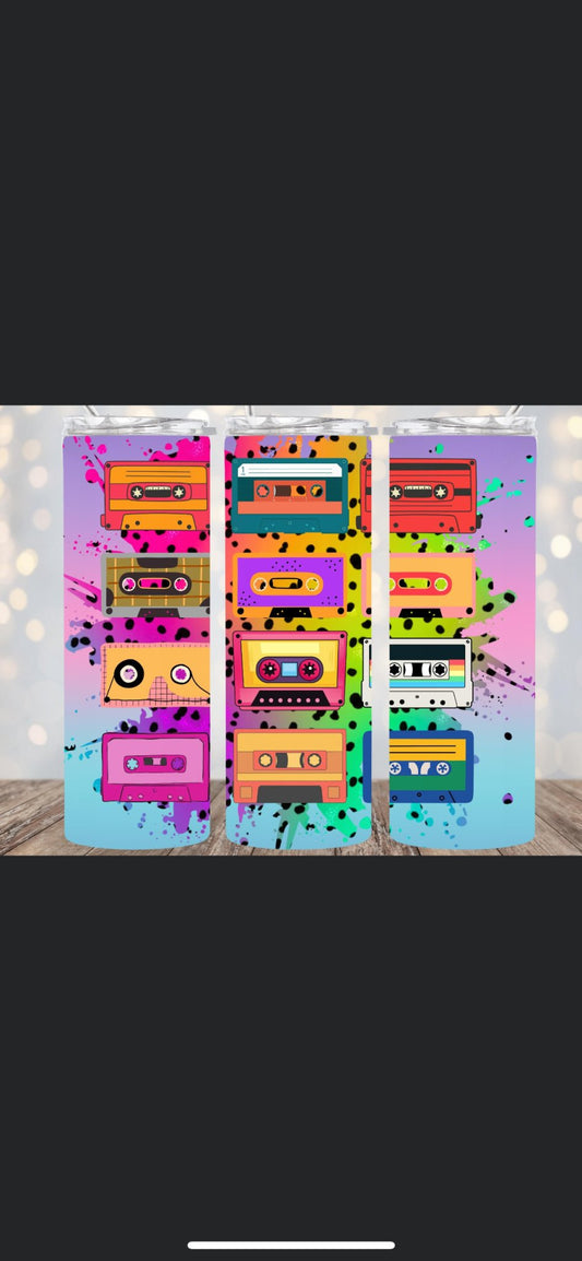 20oz Insulated Metal Tumbler vintage retro cassette tape in bold colors - Crazy and Cute Crafts