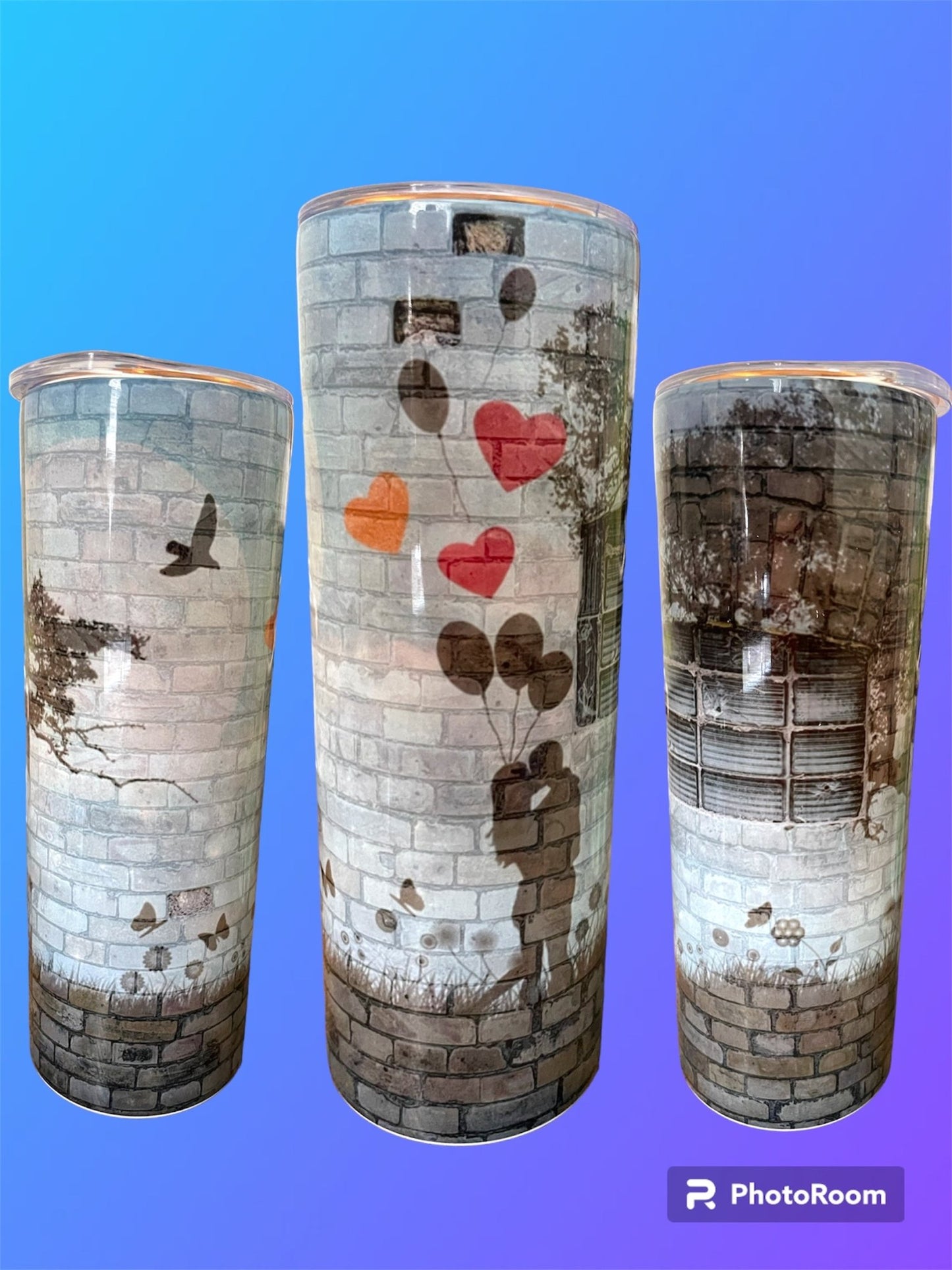 20oz Insulated Metal Tumbler - love story featuring brick wall, birds, trees, hearts and love - Crazy and Cute Crafts