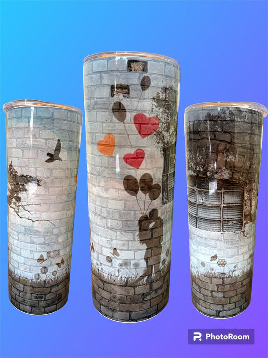 20oz Insulated Metal Tumbler - love story featuring brick wall, birds, trees, hearts and love - Crazy and Cute Crafts