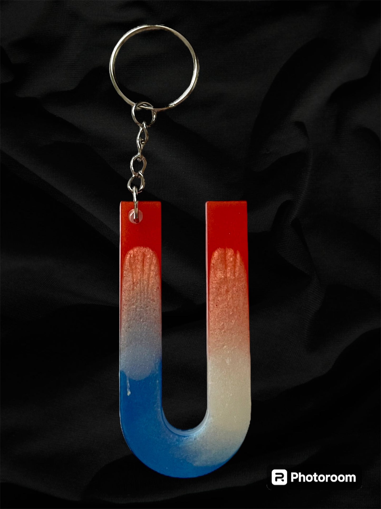 Resin / Epoxy Keychain Letter  - Hand poured and uniquely made. Size 2 1/2" x 1 1/2” Red, White & Blue Patriotic