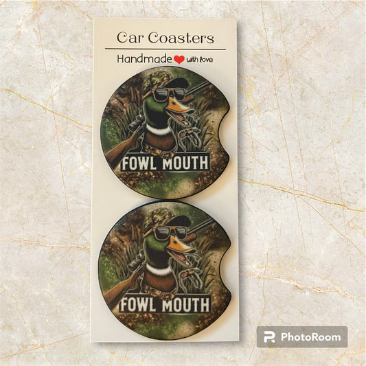 Set of Car Coasters - soft absorbent material. Fits most cup holders. Foul Mouth camo duck