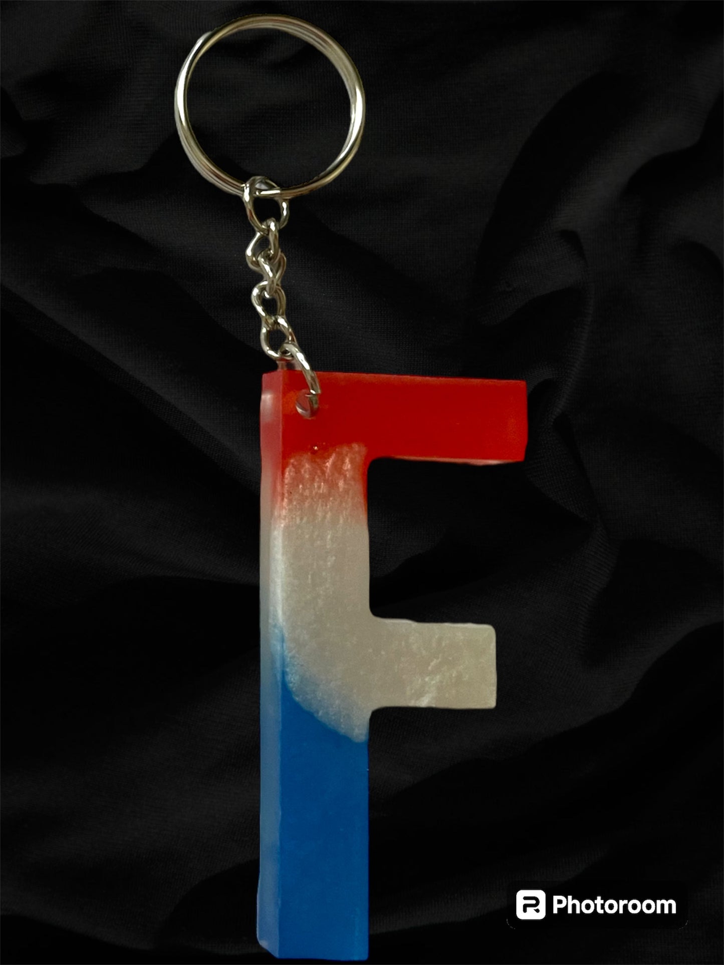 Resin / Epoxy Keychain Letter  - Hand poured and uniquely made. Size 2 1/2" x 1 1/2” Red, White & Blue Patriotic