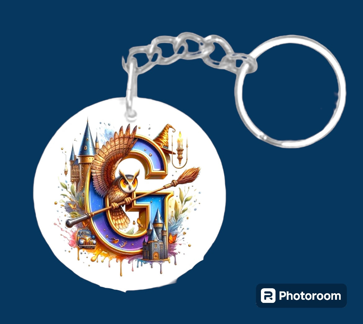 Story book whimsical castle tale letter initial keychain. Pick your letter.