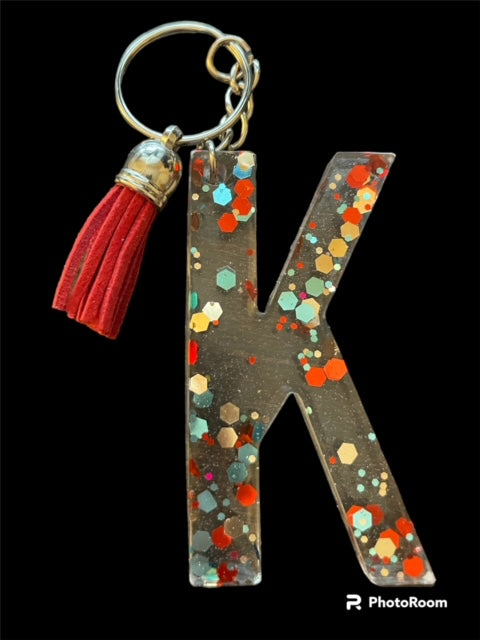 Resin / Epoxy Keychain Letter K - Hand poured and uniquely made. Size 2 1/2" x 1 1/2"