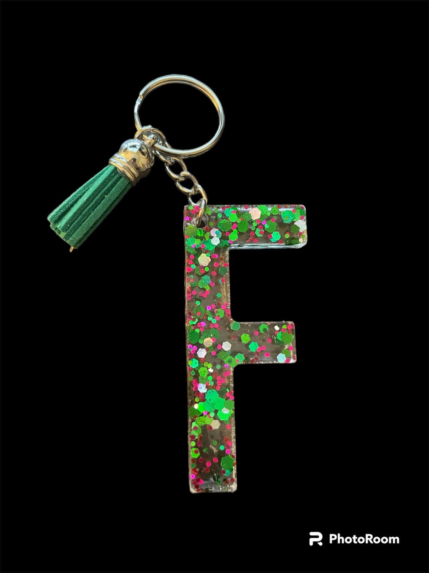 Resin / Epoxy Keychain Letter F - Hand poured and uniquely made. Size 2 1/2" x 1 1/2"