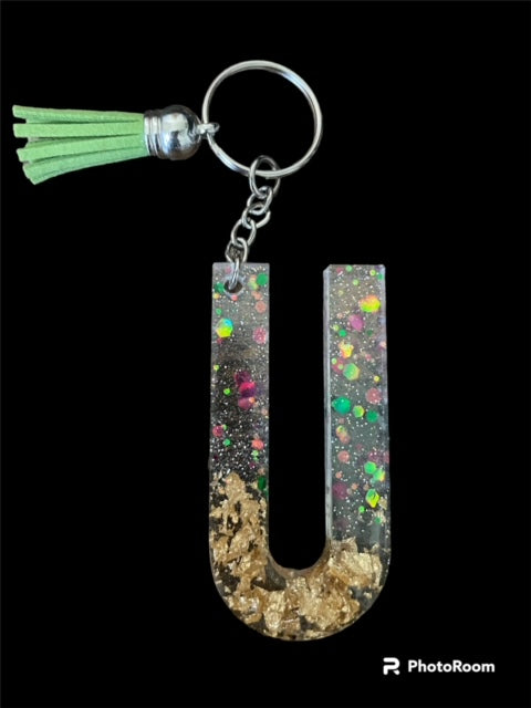 Resin / Epoxy Keychain Letter U - Hand poured and uniquely made. Size 2 1/2" x 1 1/2"