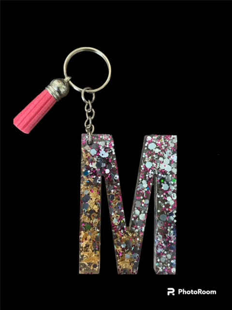 Resin / Epoxy Keychain Letter M - Hand poured and uniquely made. Size 2 1/2" x 1 1/2"