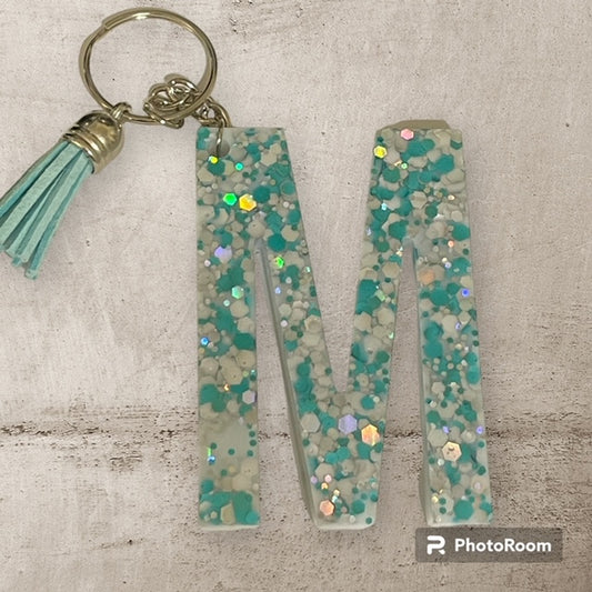 Resin / Epoxy Keychain Letter M - Hand poured and uniquely made. Size 2 1/2" x 1 1/2"