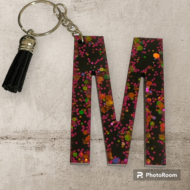 Resin / Epoxy Keychain Letter M - Hand poured and uniquely made. Size 2 1/2" x 1 1/2"