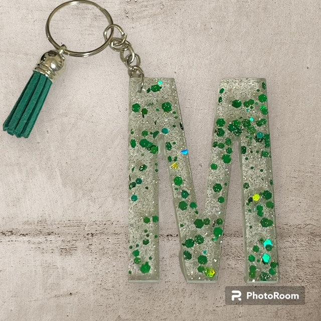 Resin / Epoxy Keychain Letter M - Hand poured and uniquely made. Size 2 1/2" x 1 1/2"