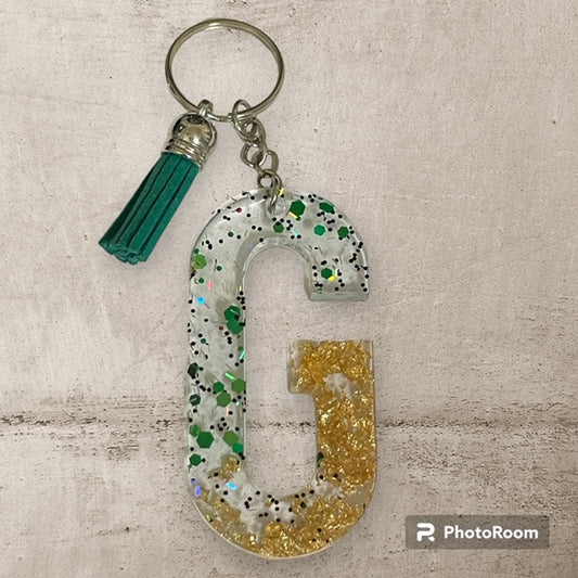 Resin / Epoxy Keychain Letter G - Hand poured and uniquely made. Size 2 1/2" x 1 1/2"