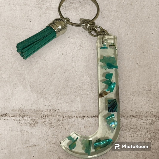 Resin / Epoxy Keychain Letter J - Hand poured and uniquely made. Size 2 1/2" x 1 1/2"