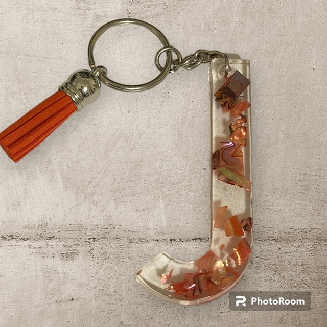 Resin / Epoxy Keychain Letter J - Hand poured and uniquely made. Size 2 1/2" x 1 1/2"