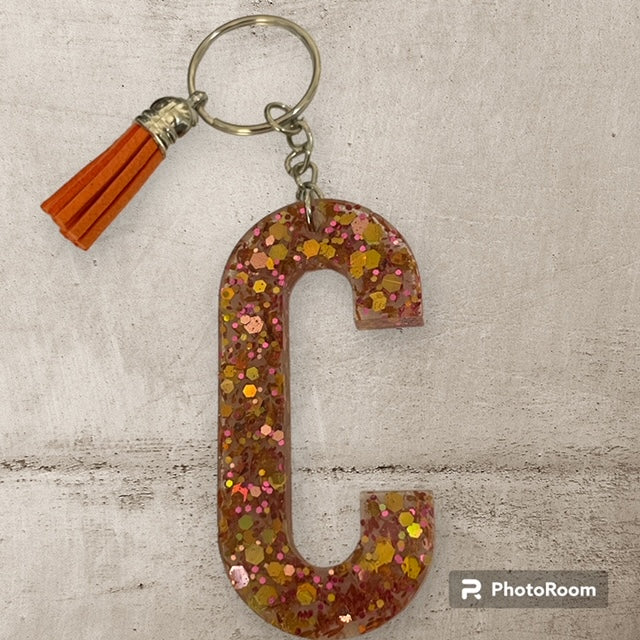 Resin / Epoxy Keychain Letter C - Hand poured and uniquely made. Size 2 1/2" x 1 1/2"