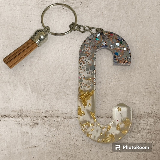 Resin / Epoxy Keychain Letter C - Hand poured and uniquely made. Size 2 1/2" x 1 1/2"