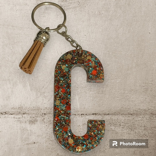 Resin / Epoxy Keychain Letter C - Hand poured and uniquely made. Size 2 1/2" x 1 1/2"