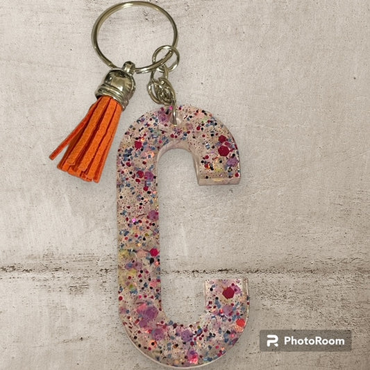 Resin / Epoxy Keychain Letter C - Hand poured and uniquely made. Size 2 1/2" x 1 1/2"