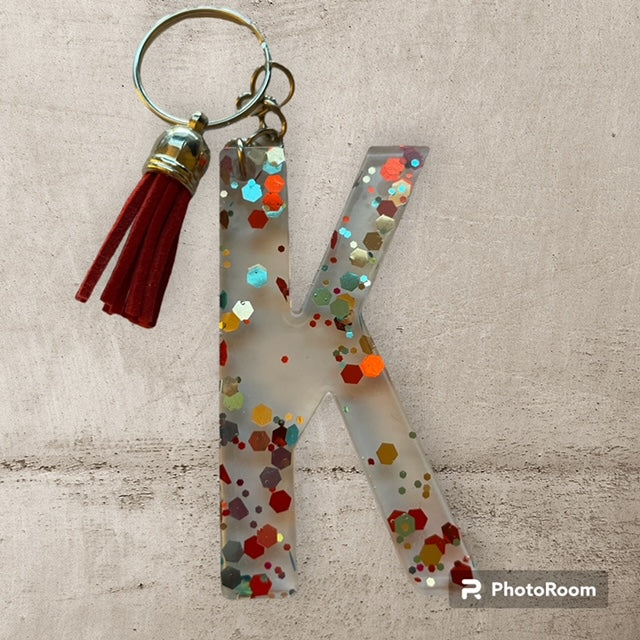 Resin / Epoxy Keychain Letter K - Hand poured and uniquely made. Size 2 1/2" x 1 1/2"