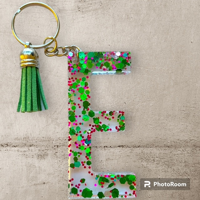 Resin / Epoxy Keychain Letter E - Hand poured and uniquely made. Size 2 1/2" x 1 1/2"