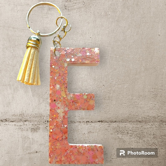 Resin / Epoxy Keychain Letter E - Hand poured and uniquely made. Size 2 1/2" x 1 1/2"