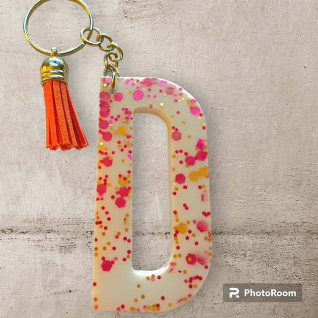 Resin / Epoxy Keychain Letter D - Hand poured and uniquely made. Size 2 1/2" x 1 1/2"