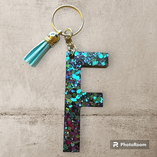 Resin / Epoxy Keychain Letter F - Hand poured and uniquely made. Size 2 1/2" x 1 1/2"