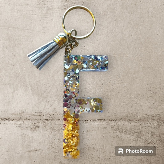 Resin / Epoxy Keychain Letter F - Hand poured and uniquely made. Size 2 1/2" x 1 1/2"