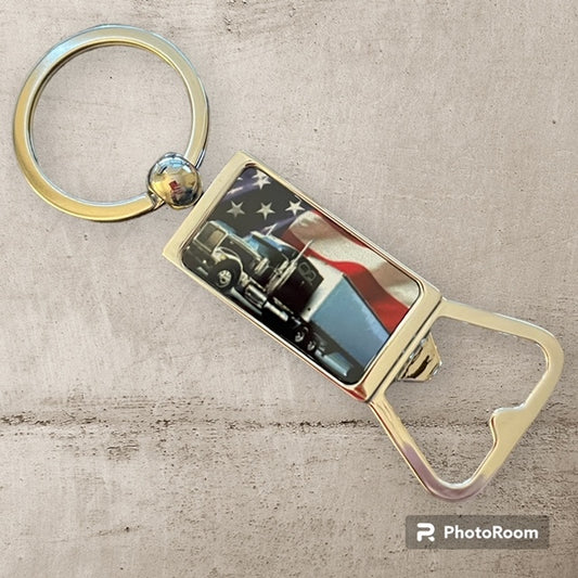 Keychain with bottle opener - Truck Driver semi truck with American flag