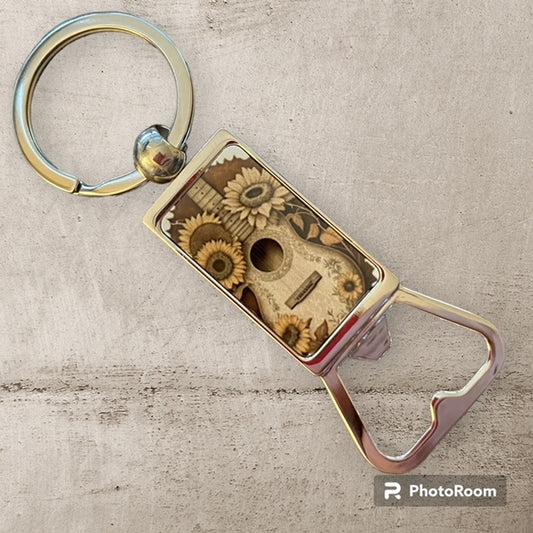 Keychain with bottle opener - Guitar and Sunflowers