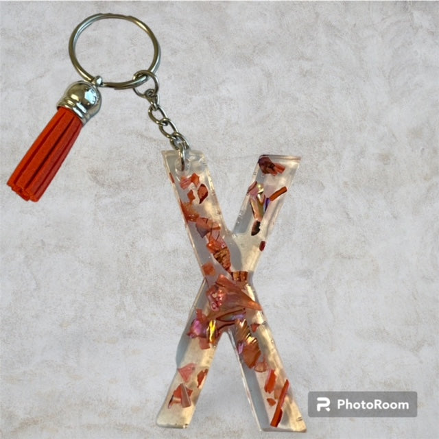 Resin / Epoxy Keychain Letter X - Hand poured and uniquely made. Size 2 1/2" x 1 1/2"