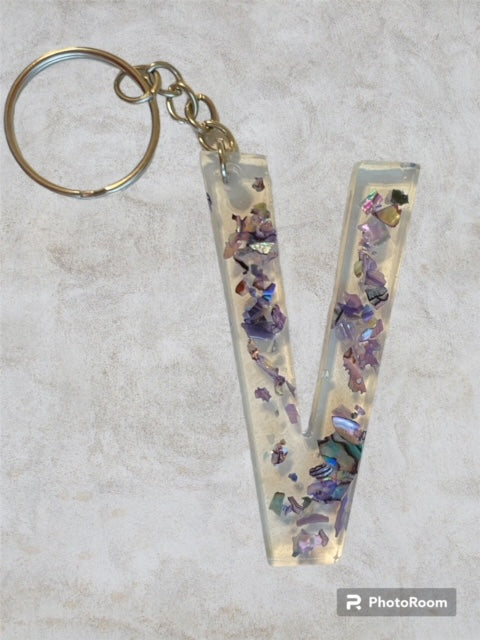 Resin / Epoxy Keychain Letter V - Hand poured and uniquely made. Size 2 1/2" x 1 1/2"